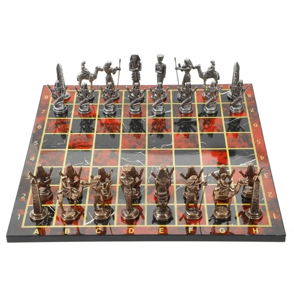 Luxury Metal Chess Set Chrome Plated Bronze Egyptian Army & Flame Red Marble Patterned Board Luxury Chess Board Game Chess Piece