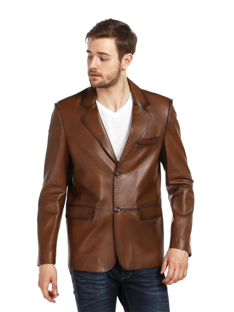 Genuine Soft Lambskin Leather Jacket Handmade Man Brown Button Biker Motorcycle Style Blazer Bomber Real Fur Coat Custom Produc