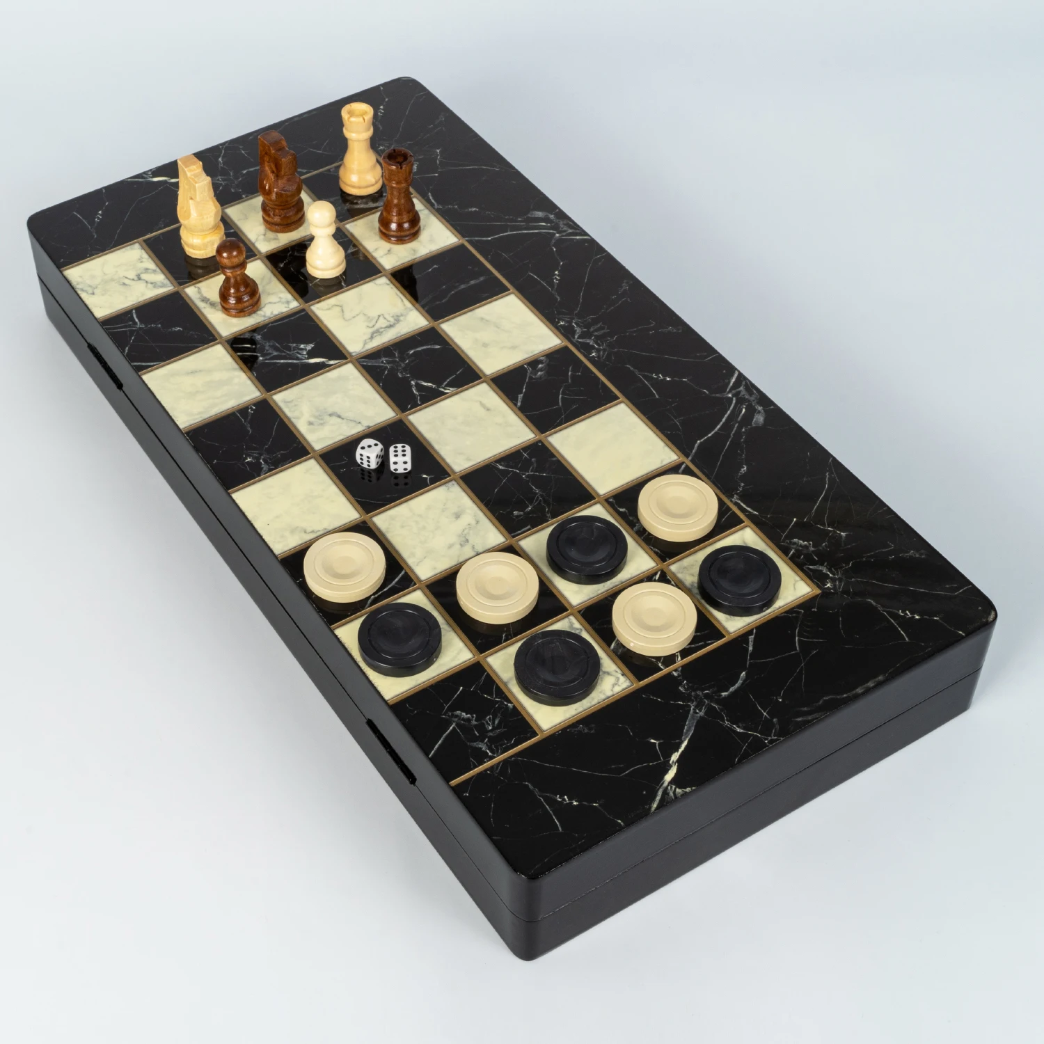 

Classic Backgammon Chess Checkers Board Game Tavla The Wooden Black & White Design Big Size Perfect Gift Full Pieces Inc.