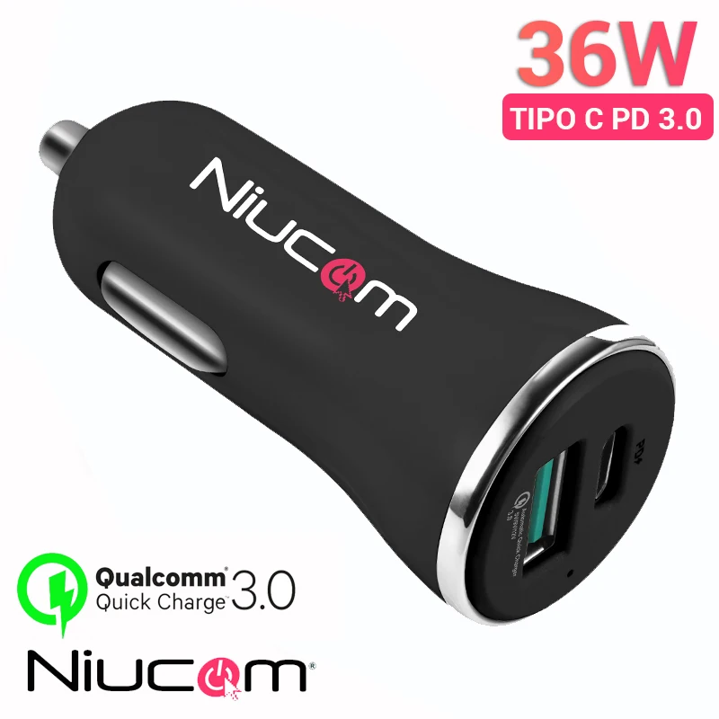 Quick Charge charger lighter 36W NIUCOM usb charger for mobile USB A + Type C PD Qualcomm 3.0 Quick Charge cable type C PD 4.0