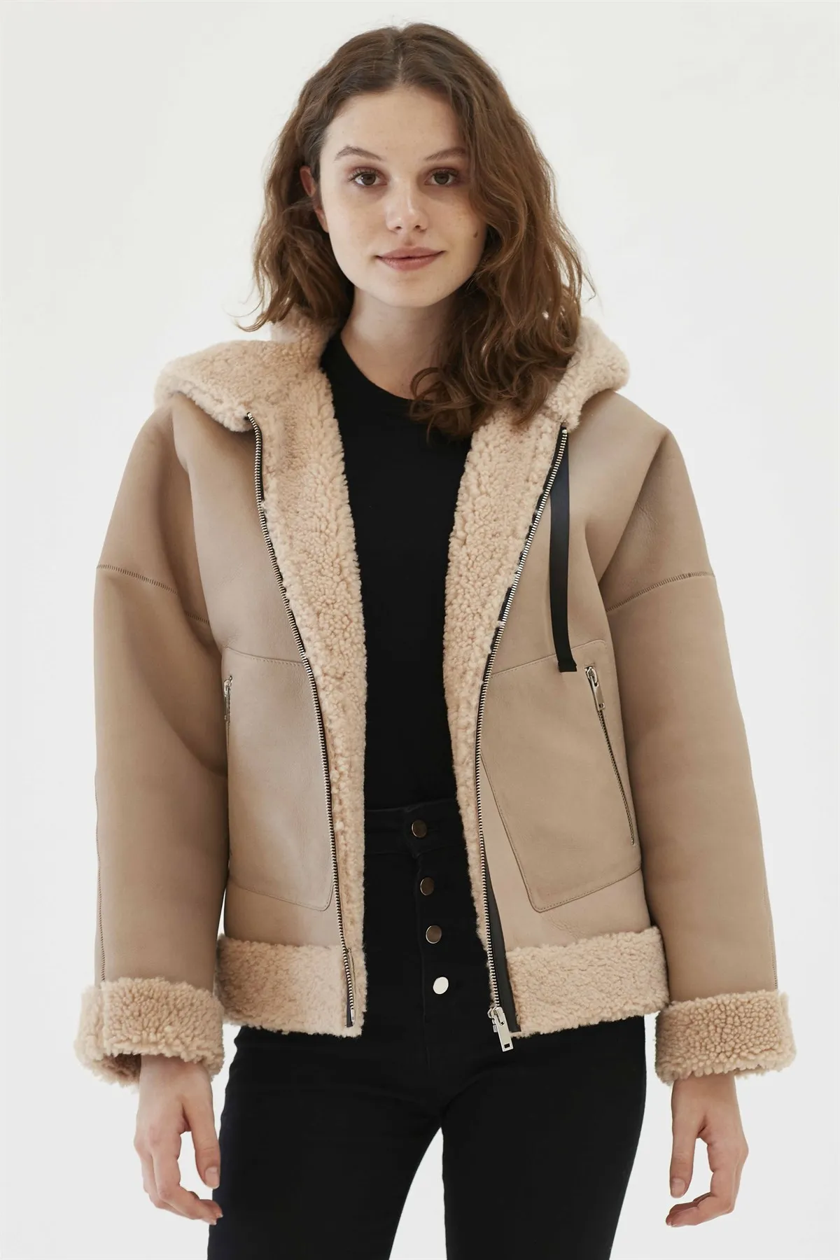 Manteau en fourrure pour femme, veste en peau de mouton véritable, doux, de qualité, garde au chaud, produit turkiyède, Parkas de sport à capuche pour motard