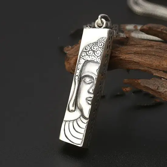 

925 Sterling Silver Rectangle Half Buddha Head Pendant for Buddhism Buddhist