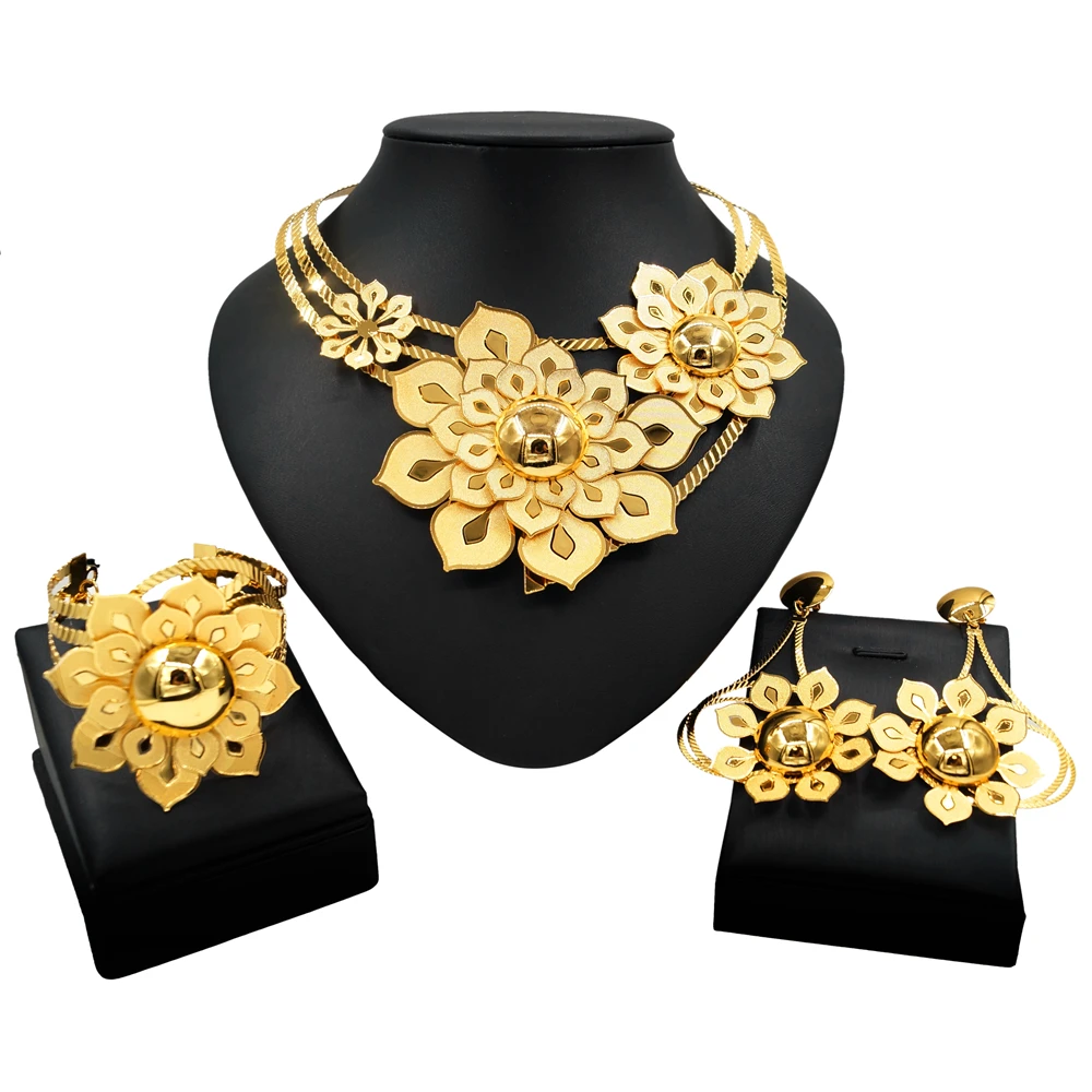 Fashion Plated 24K Gold Colour Jewelry Set Ladies Flower Large Necklace Bracelet Wedding Party Gift Accessories NH00030