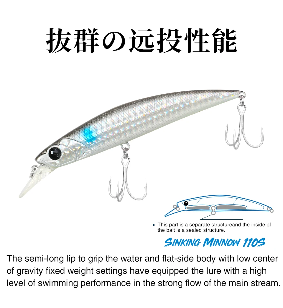 TSURINOYA 110S Sinking Minnow DW77 110mm 22g Großer Kunstköder für Forellen, Hechte, Wolfsbarsche, Meeresangeln, Jerkbait, Wobbler – Detail 9