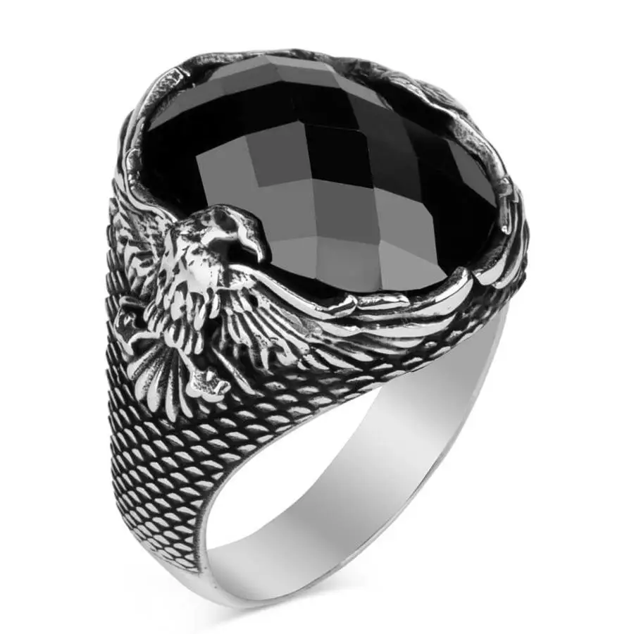 Black Stone Silver Men's Ring with Rising Eagle Figure Fashion Turkish Premium Quality Handmade Jawelery