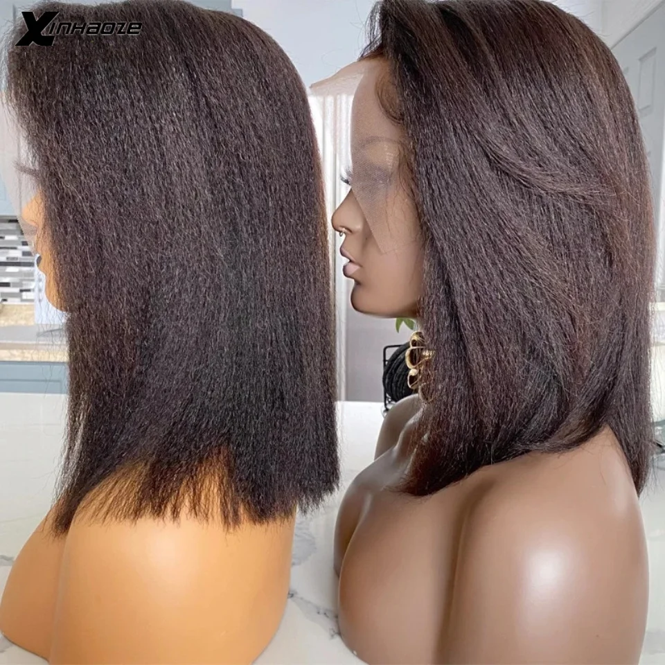 Yaki Human Hair Wig Kinky Straight Short Bob Human Hair Wigs 13x6 Lace Front Wigs Glueless Silk Top Wigs Pre Plucked 150% Remy