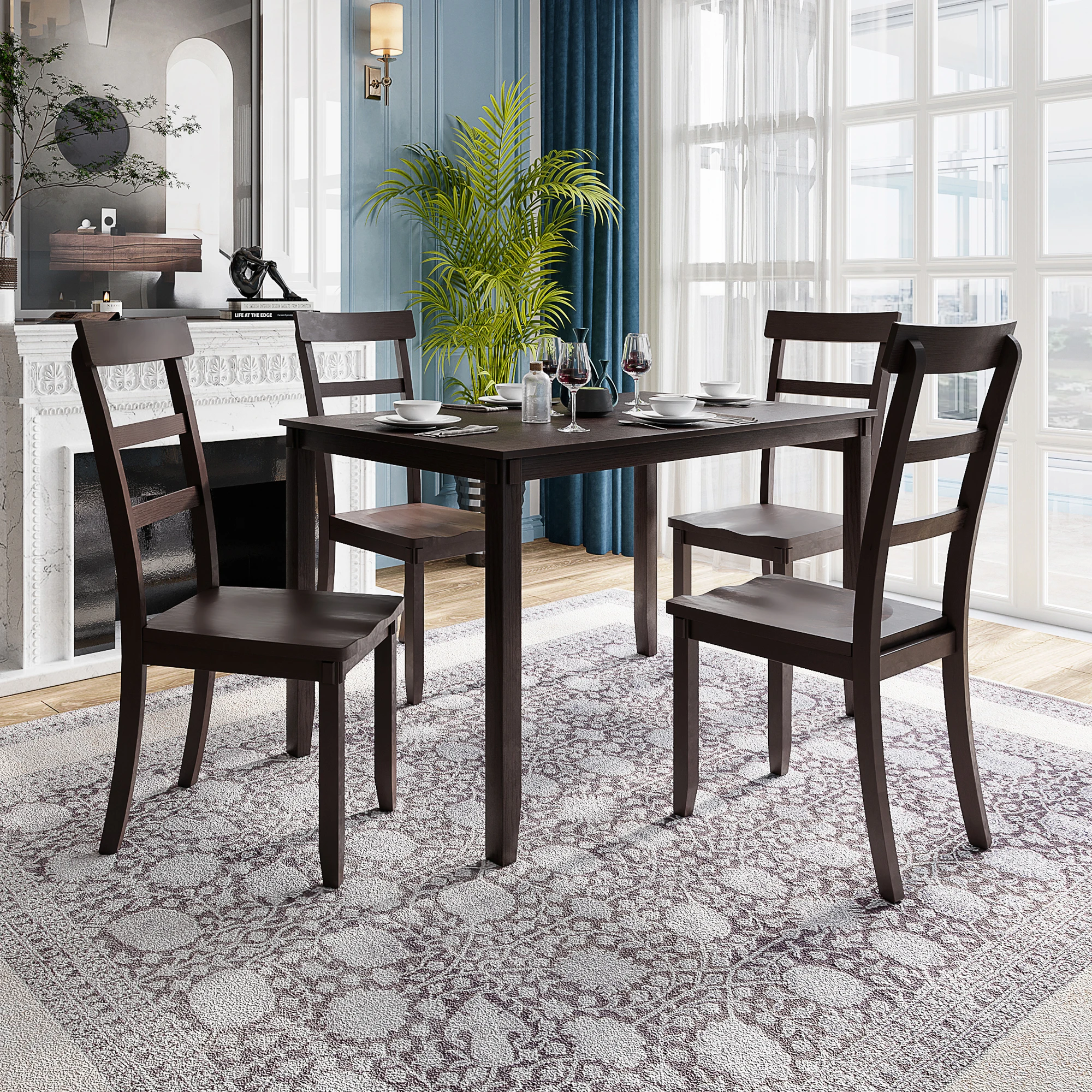 5-Piece Kitchen Dining Table Set 1 Wood Table + 4 Chairs Set for Dining Room Espresso/Gray[US-W]