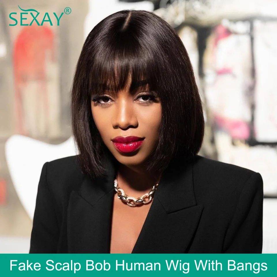 Sexay 1B 99J ปลอมหนังศีรษะ Bob Bang Wigs ความหนาแน่น180% บราซิลผมมนุษย์สั้น Bob Wigs คู่วาดปลอม Fringe วิกผมสำหรับผู้หญิง