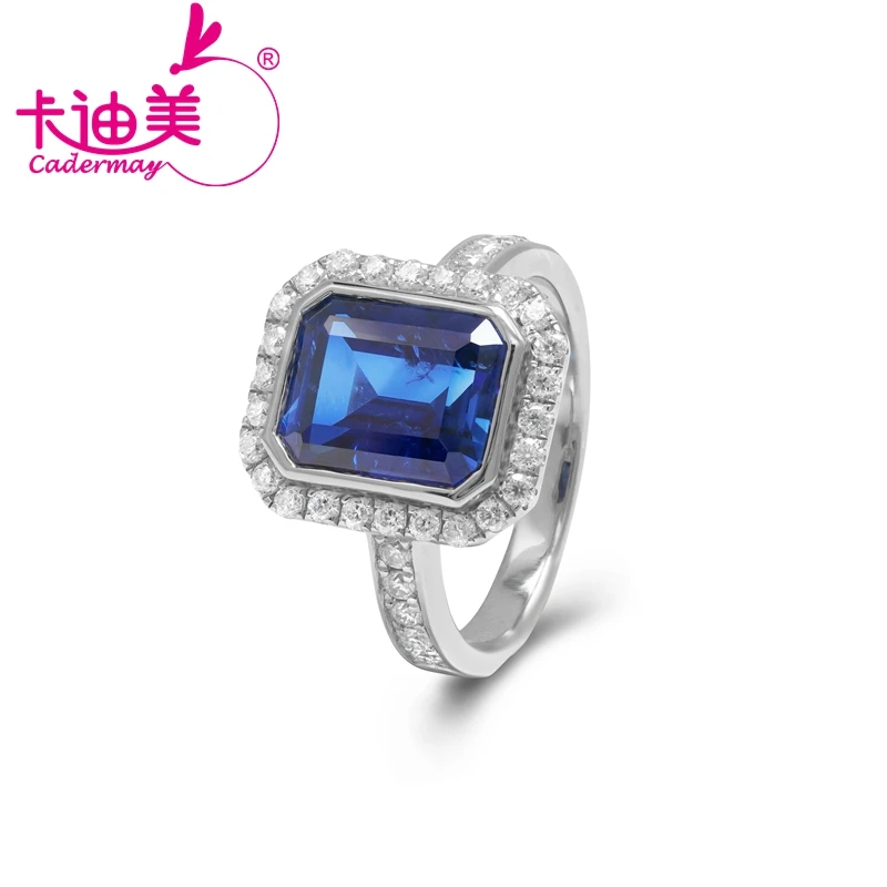 CADERMAY Elegant Female Gold Rings for Women 14K 10K 18K Artificial Blue Sapphire Rectangle Shape Wedding Band Rings