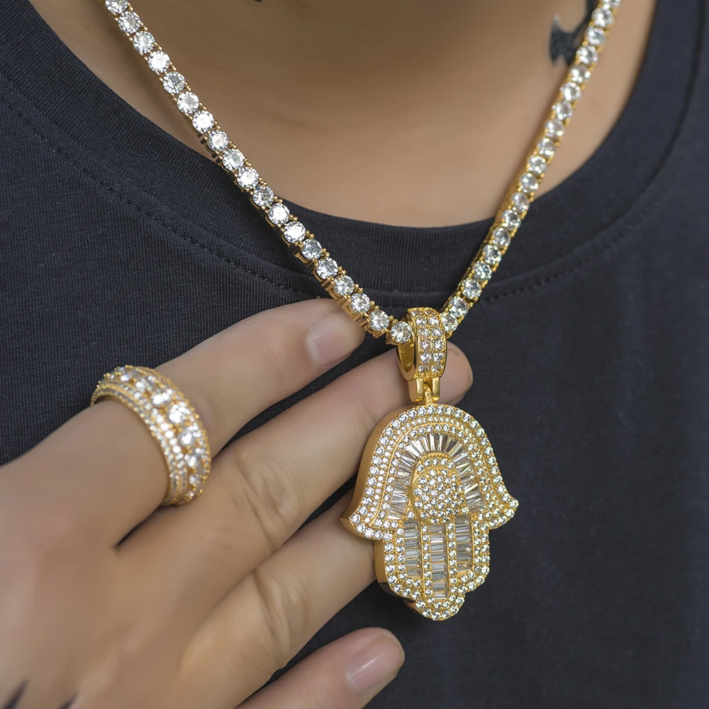 Iced Out Baguette Hamsa Hand Necklace Dad Jewelry