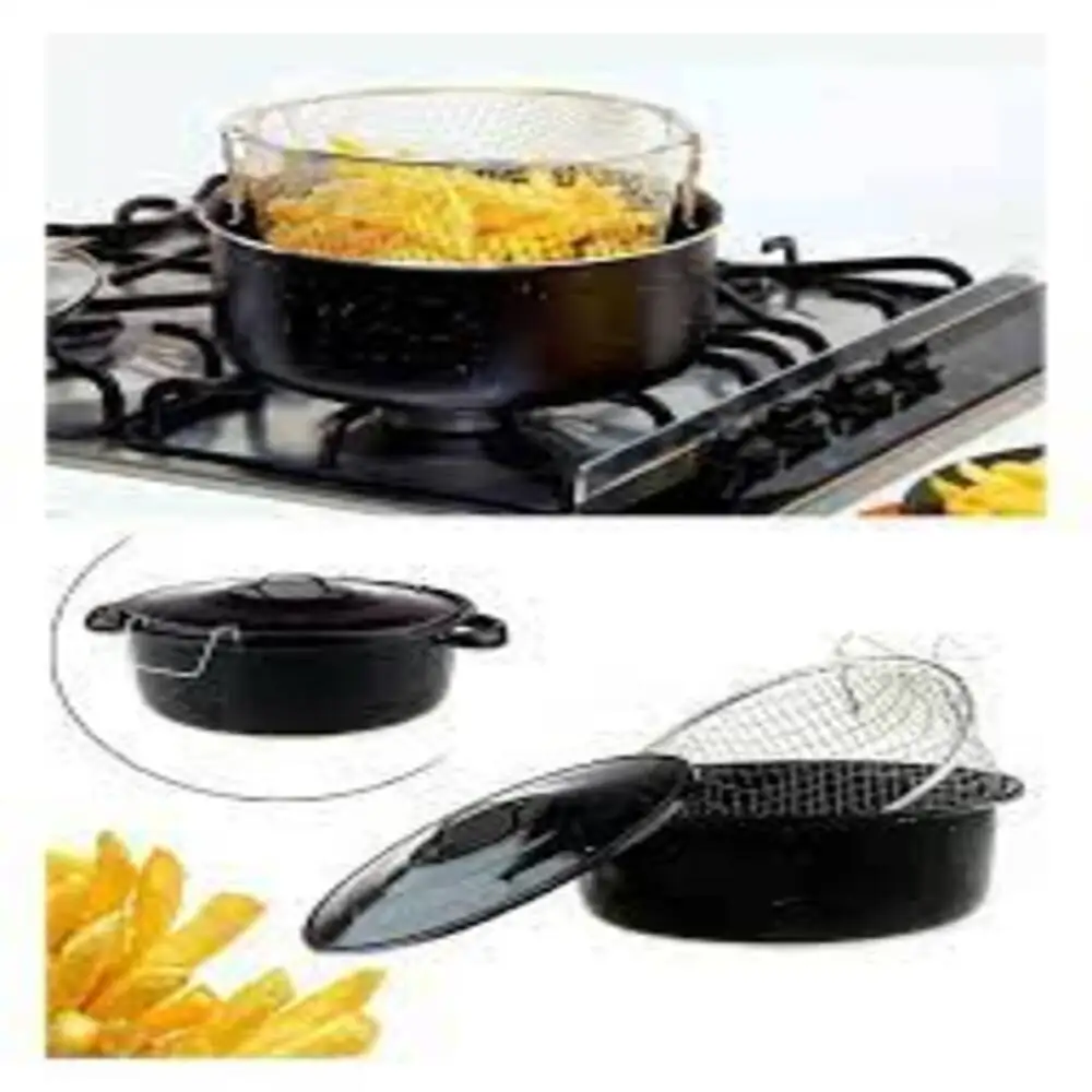 Essan Fireproof Non-Stick Enamel Frying Pan with Strainer Enamel Frying Pot with Strainer Practical Strainer French Fry Pot kitc