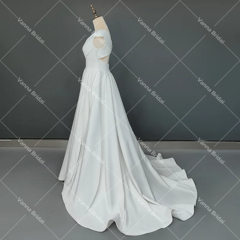 V pescoço de cetim alta divisão vestido de casamento simples longo plain a linha feito sob encomenda mais tamanho oco volta ruched varredura trem vestidos de noiva