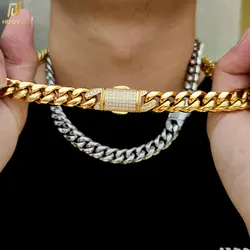 NUOYA Hiphop Gold Necklace Iced Clasp Cuban Link Chain Stainless Steel 18K Gold Plated Jewelry Necklace