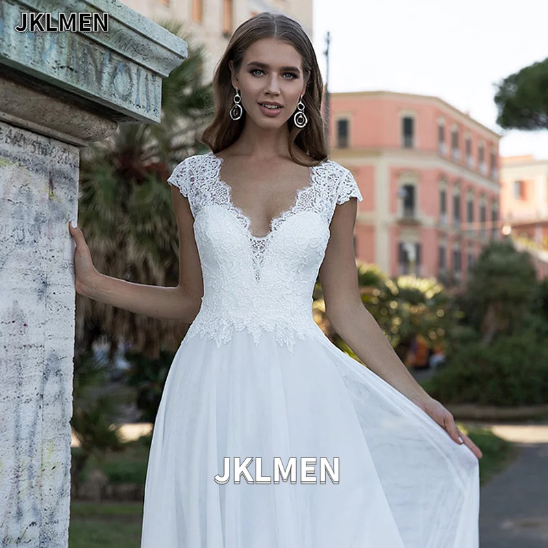 2021 Bohemian Trouwjurk V-hals Kapmouwtjes A-lijn Boho Eenvoudige Bruidsjurken Vestido De Noiva Bridal Party Strand Jurk