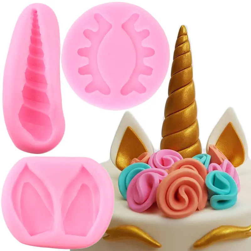 Unicorn Horn Ears Eye Silicone Mold Baby Birthday Cupcake Topper Fondant Cake Decorating Tools Candy Chocolate Gumpaste Moulds