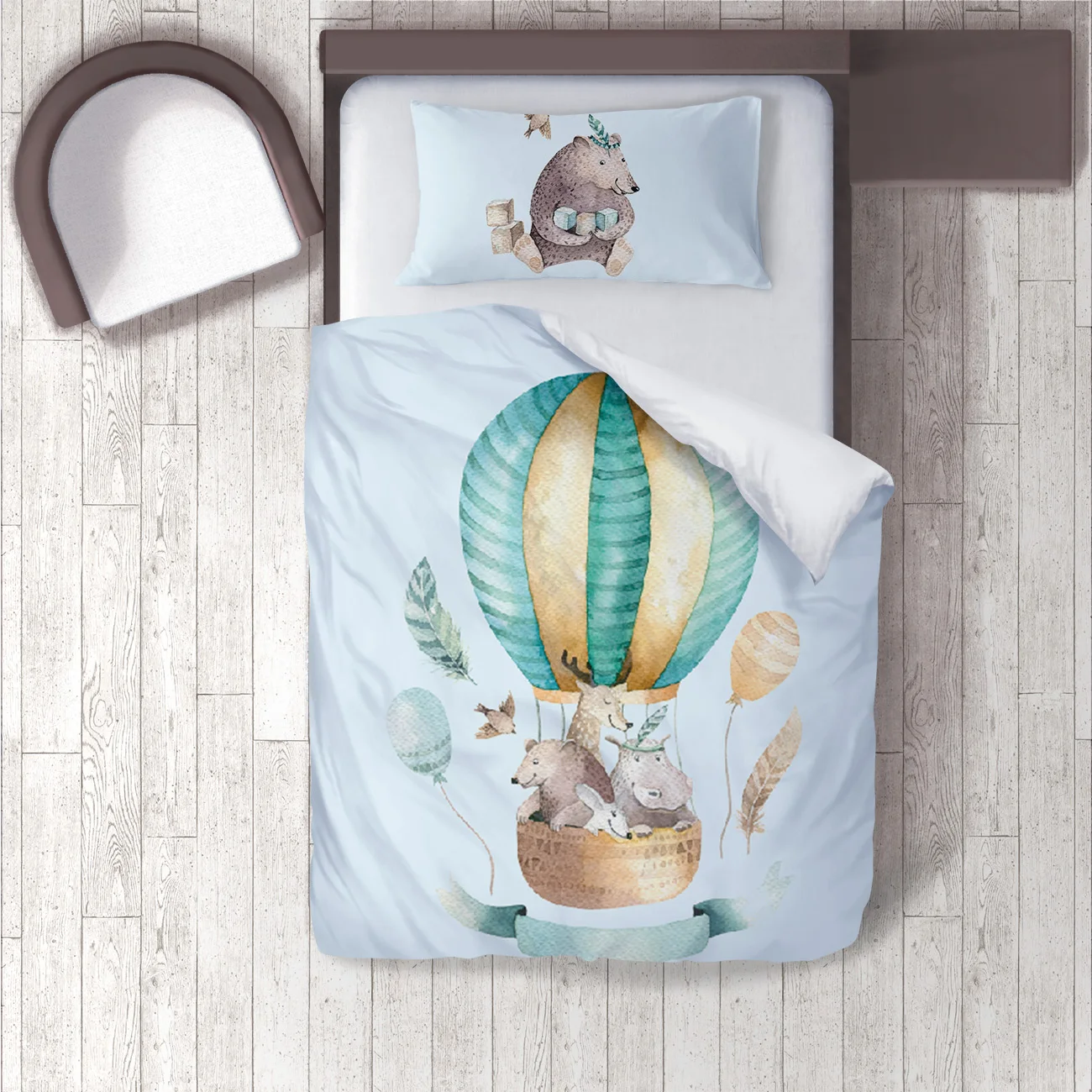 

Duvet Cover Set Bedding Set Pillow Case for Baby and Kids Room 3D Printed Light Blue Bear and Bird Feather model 128