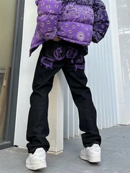 Jean Y2k à Fleurs de Cajou pour Homme, Streetwear Violet, Pantalon Décontracté, Punk, Hip Hop, Lettre Imprimée, Baggy, Harajuku, Denim Droit, Fjj