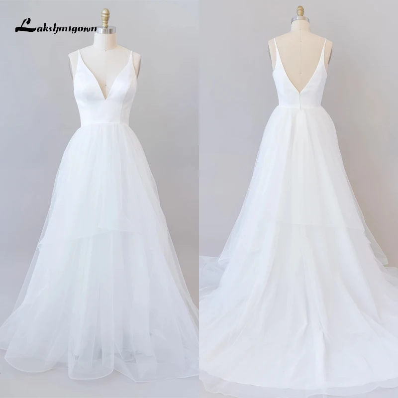 Simple V-neck Spaghetti Straps High Waist Sashes A-Line Wedding Dresses Netting Bridal Gown Sweep Backless Zipper Floor vestido