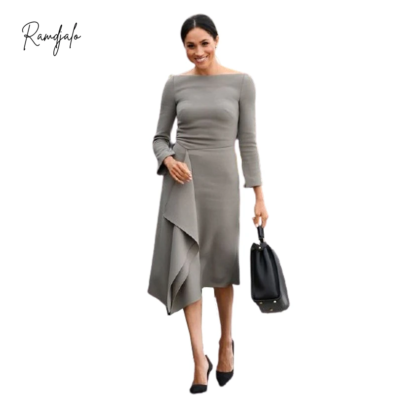 

Grace Mother of the Bride Dresses for Wedding Guest Women Simple Split A-Line Long Sleeves Asymmetrical Duches Meghan Markles