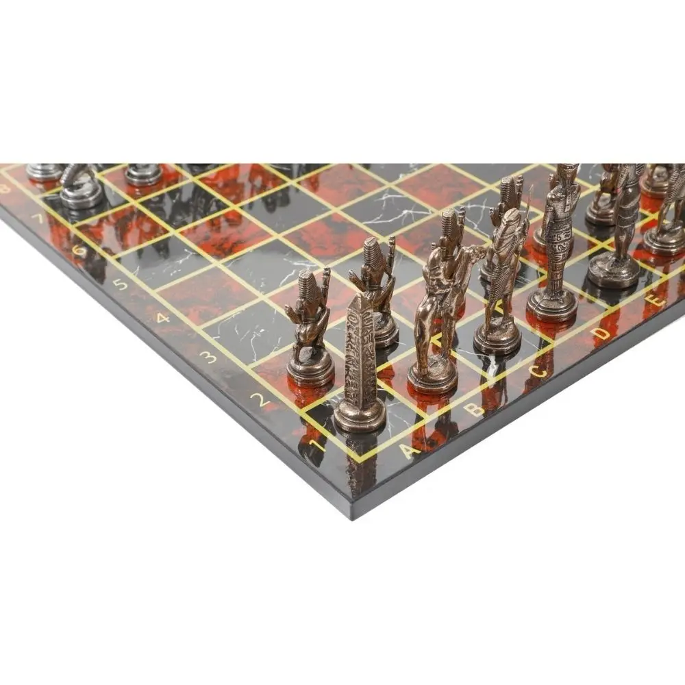 Luxury Metal Chess Set Chrome Plated Bronze Egyptian Army & Flame Red Marble Patterned Board Luxury Chess Board Game Chess Piece