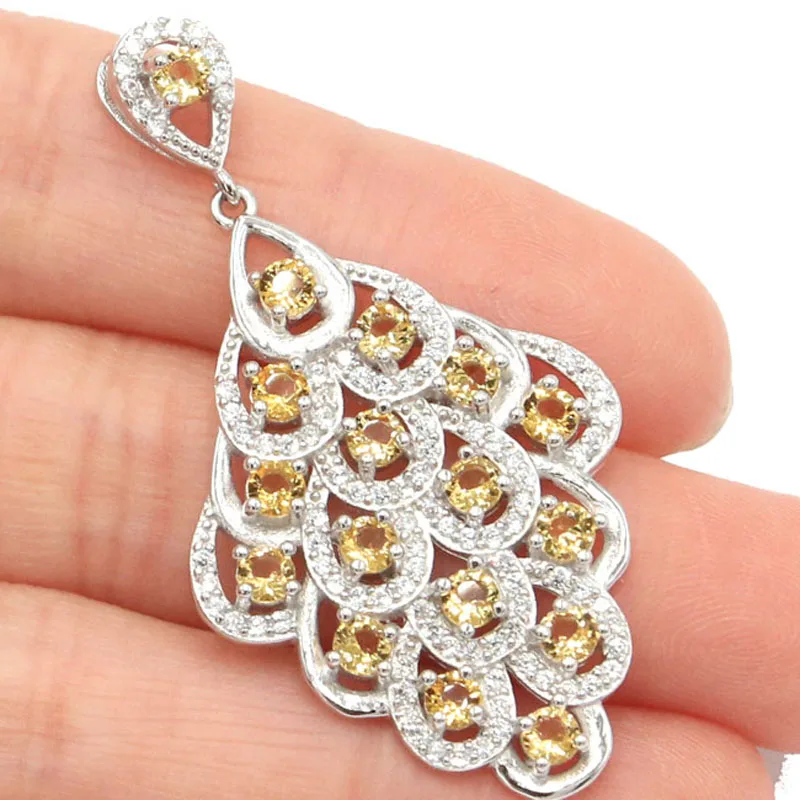 Real 925 Solid Sterling Silver Pendant 46x24mm Anniversary 5.9g Long Golden Citrine Aquamarine Peridot Violet Tanzanite CZ
