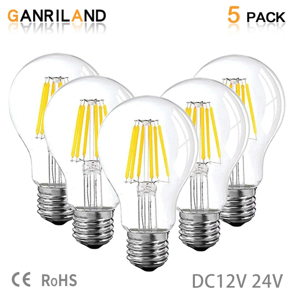 Bulbo do filamento do GANRILAND-LED, bulbos de globo de Edison, lâmpada branca morna, baixa tensão, DC12V 24V, A19 6W, 4500K, 4500K, 2700K, E26, E27