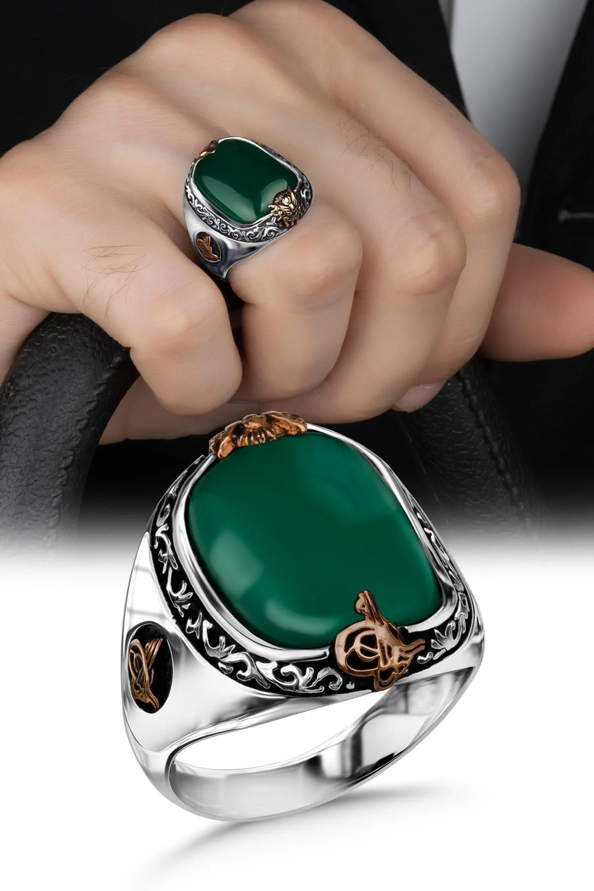 

Solid 925 Sterling Silver Green Agate With Ottoman Signet Ring Men's High Quality Engraved Vintage Jewelry Gift For Him