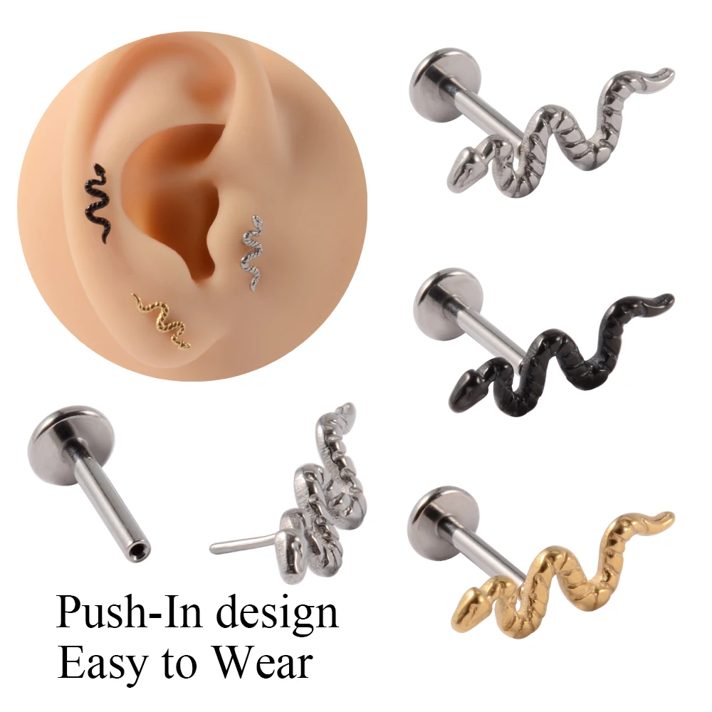Pendiente de serpiente de titanio 100% sin rosca para el cartílago de la oreja, pendiente de hélice Tragus, anillo de labio, Piercing fácil de usar, joyería corporal, 1 unidad