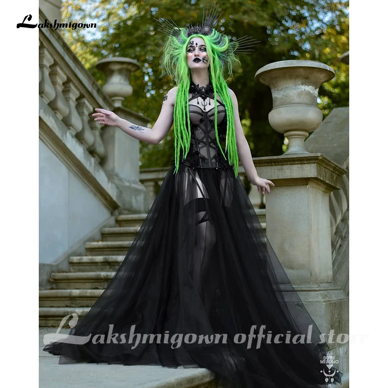 Gothic Black Long Wedding Dress Customized Sexy Bridal Gown Vestidos De Novia Sexy Tulle Wedding Gowns Trouwjurk Plus Size