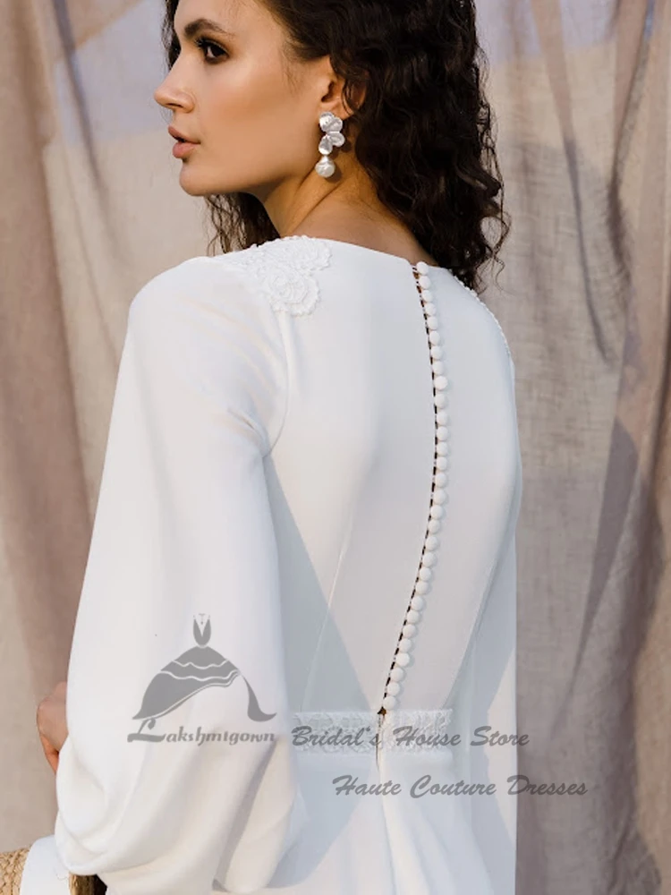 มุสลิม Robe ซาตินแขนยาว O-Neck Elegant เจ้าสาวชุดแต่งงานสายชุดลูกไม้ Appliques Vestido De Noiva 2022