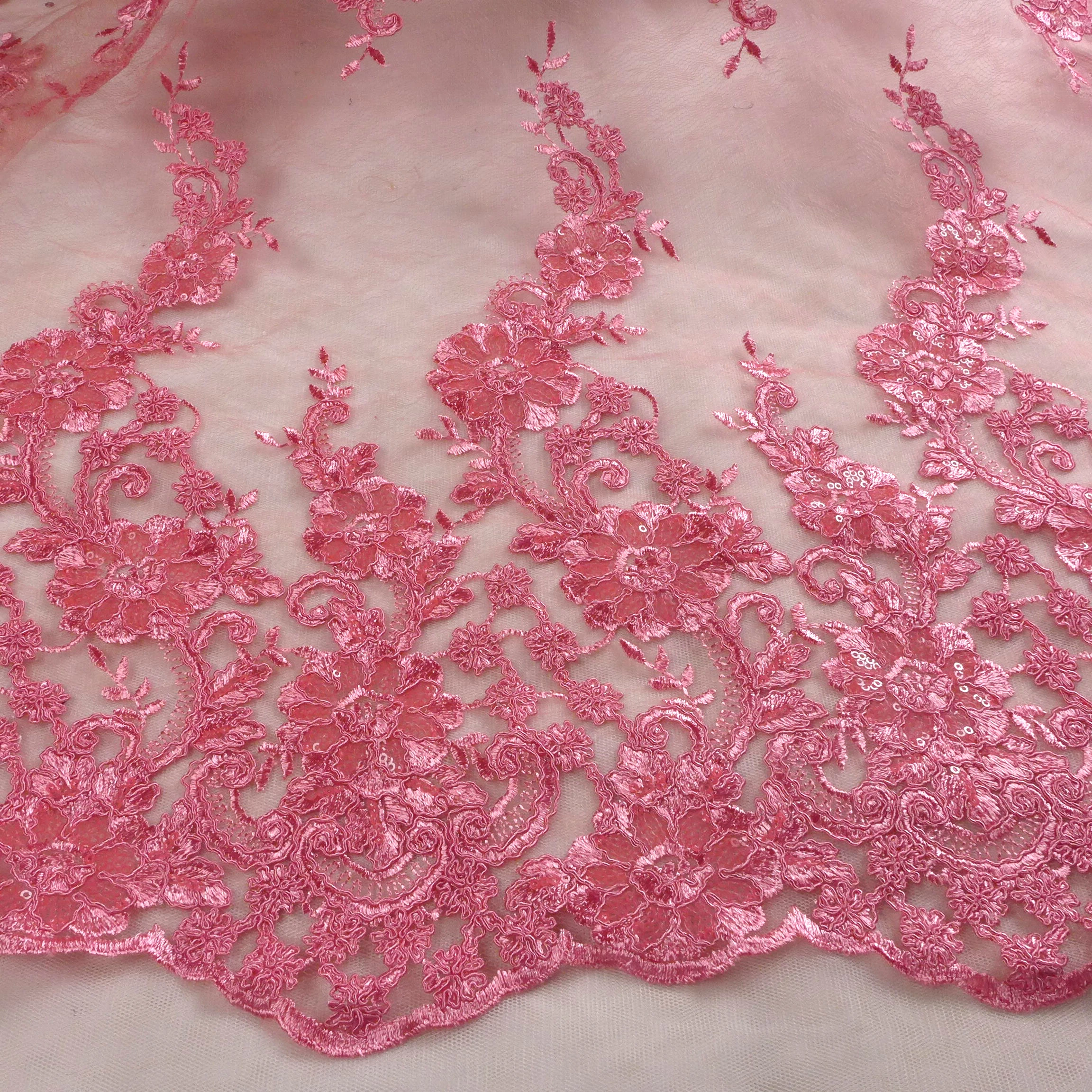 La Belleza 1 yard  Pink cord with sequins on irregular Dark pattern net embroidery lace fabric