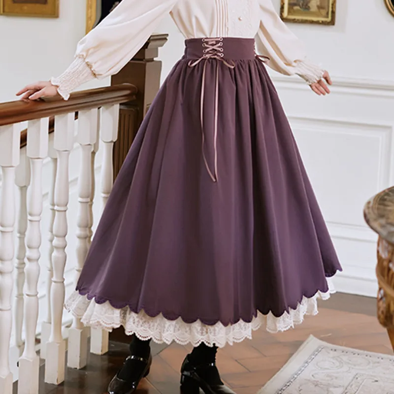 Qiukichoson Spring Summer Skirt Lace Splice Skirt Long Women Lolita Teen Girls Vintage Lace-Up Elastic High Waist A-Line Skirts