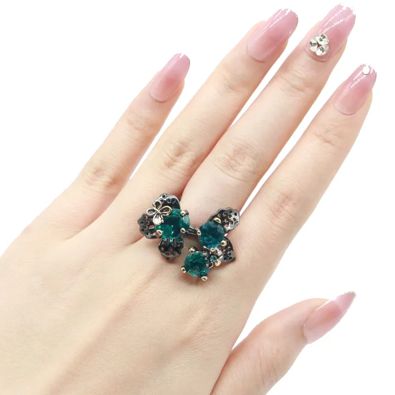 Buy 3 get 1 free 29x26mm New Statement 11g Neo-Gothic Flowers Aquamarine Iolite Ladies Black Gold Silver Rings Punk Style