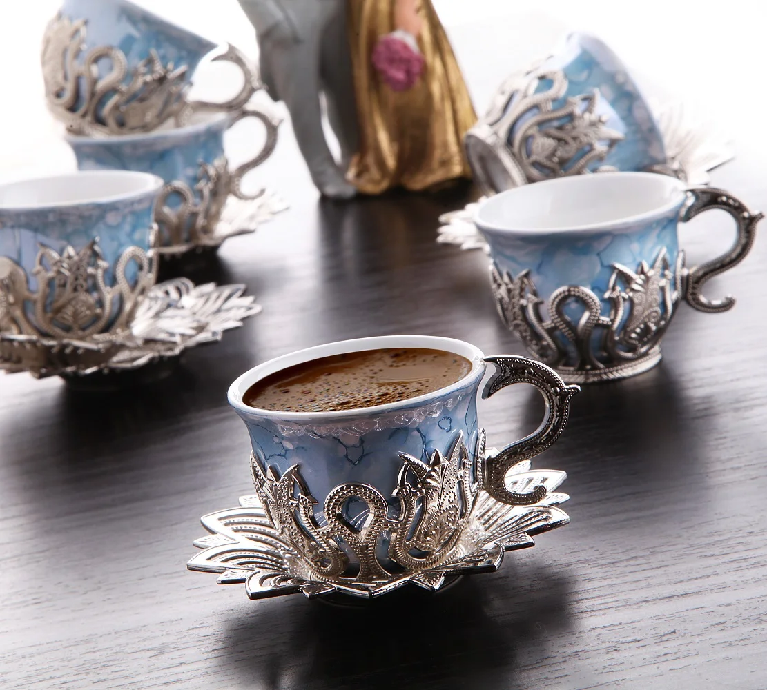 Turkish Coffee Set -  Silver Color - Blue Cups