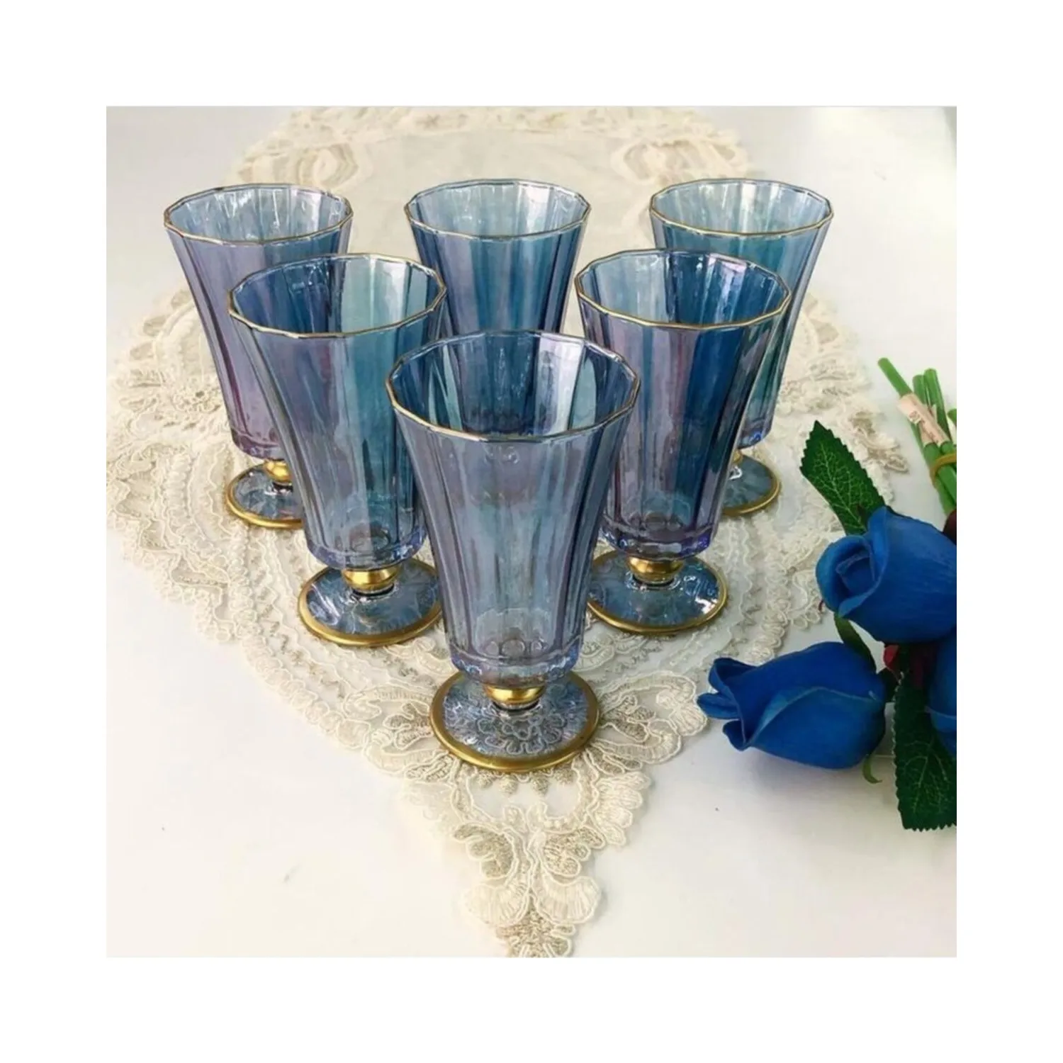 Paşabahçe Set of 6 Handmade Decor Gold Gilded & Colored Diamond Blue Coffee Side Water Glass Liquor Glass fast shipping