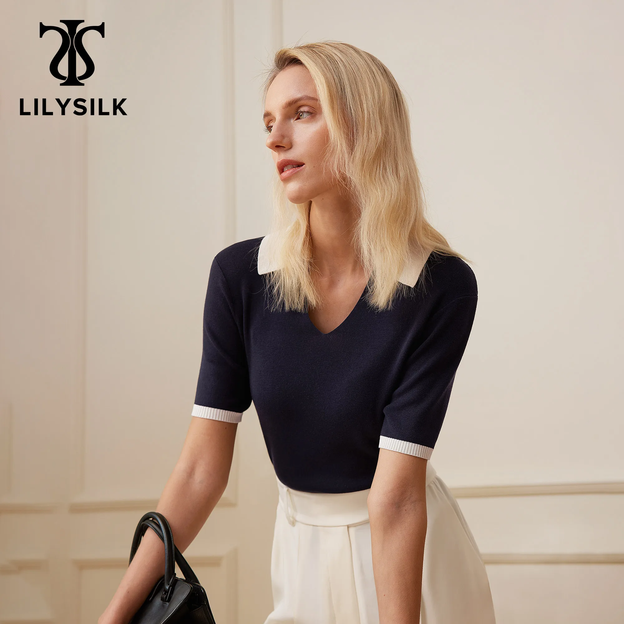 

Женское трикотажное поло LILYSILK, элегантный топ из 100% шелка с короткими рукавами и цветными блоками, для офиса