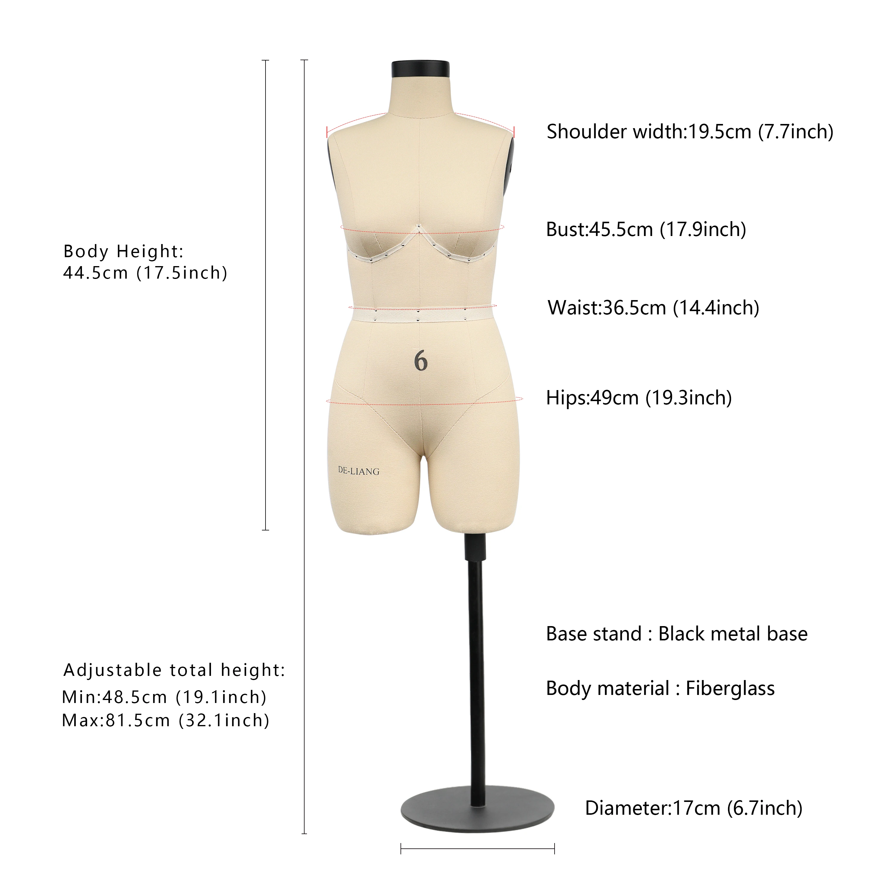 DE-LIANG Half Scale Dress Form,1/2 US Woman Plus Size 6,Lingerie Bust Dressmaker Dummy Tailor, 1:2 Slim Chest Sewing Mannequin