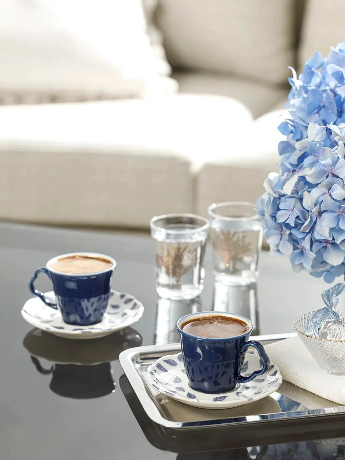 Porcelain 2'li Coffee Cup Pad 80 Ml White-Blue İskandinav Model Luxury Ceramic Porcelain Cup Pad Turkish Coffee Espresso