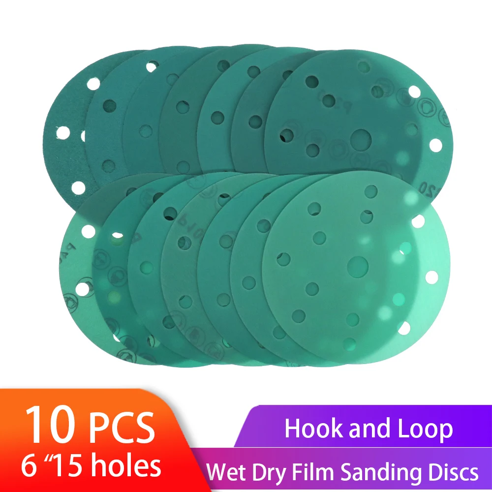 6 Inch Sanding Discs 15 Holes Wet Dry Film-Backed Green Line Hook and Loop Sandpaper Dustless  for Woodworking or Automotive