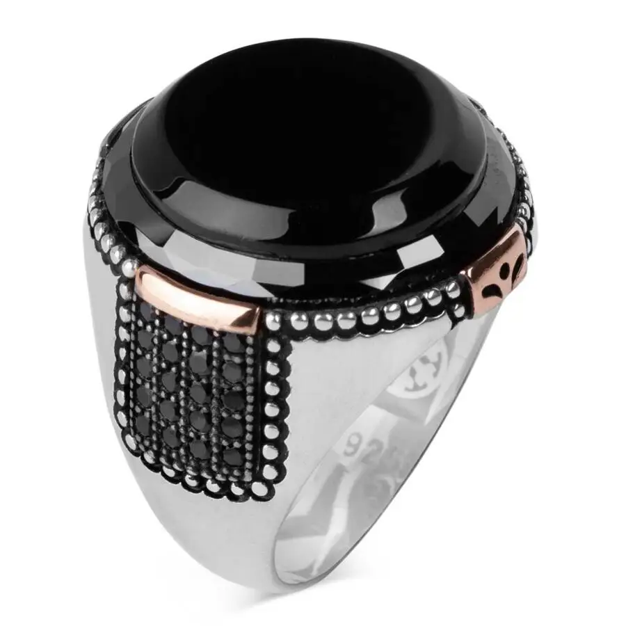 Mini Stone Ornamented Black Onyx Sterling Silver Exclusive Ring Fashion Turkish Premium Quality Handmade Jawelery