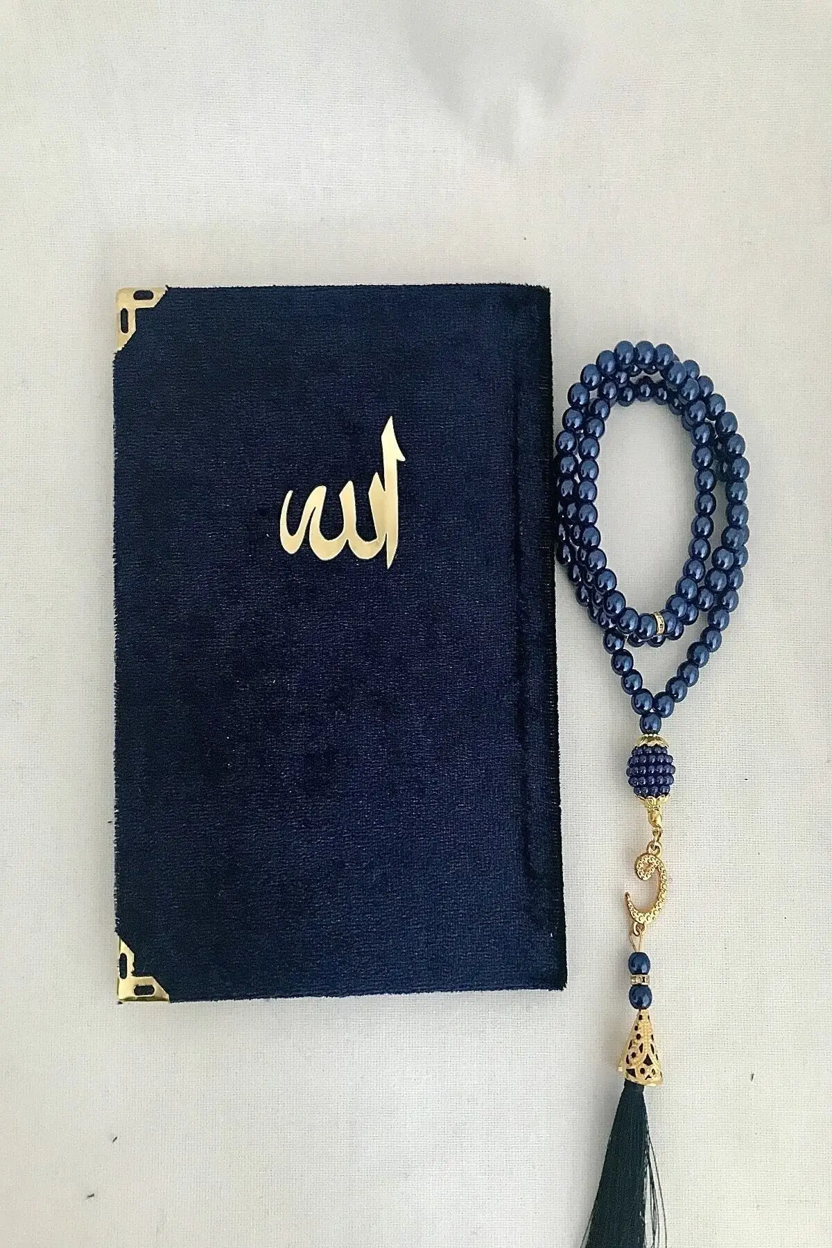 Kardelen Navy Blau Rosen Gebet Teppich Kopfband Perle Rosenkranz Samt Yasin Set