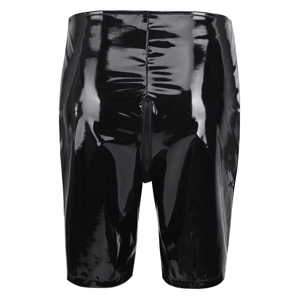 Women Sexy Opening Crotch High Waist Leather Rave Pants Erotic Shiny PVC Casual Shorts Glossy Shaping Latex Panties Crotchless