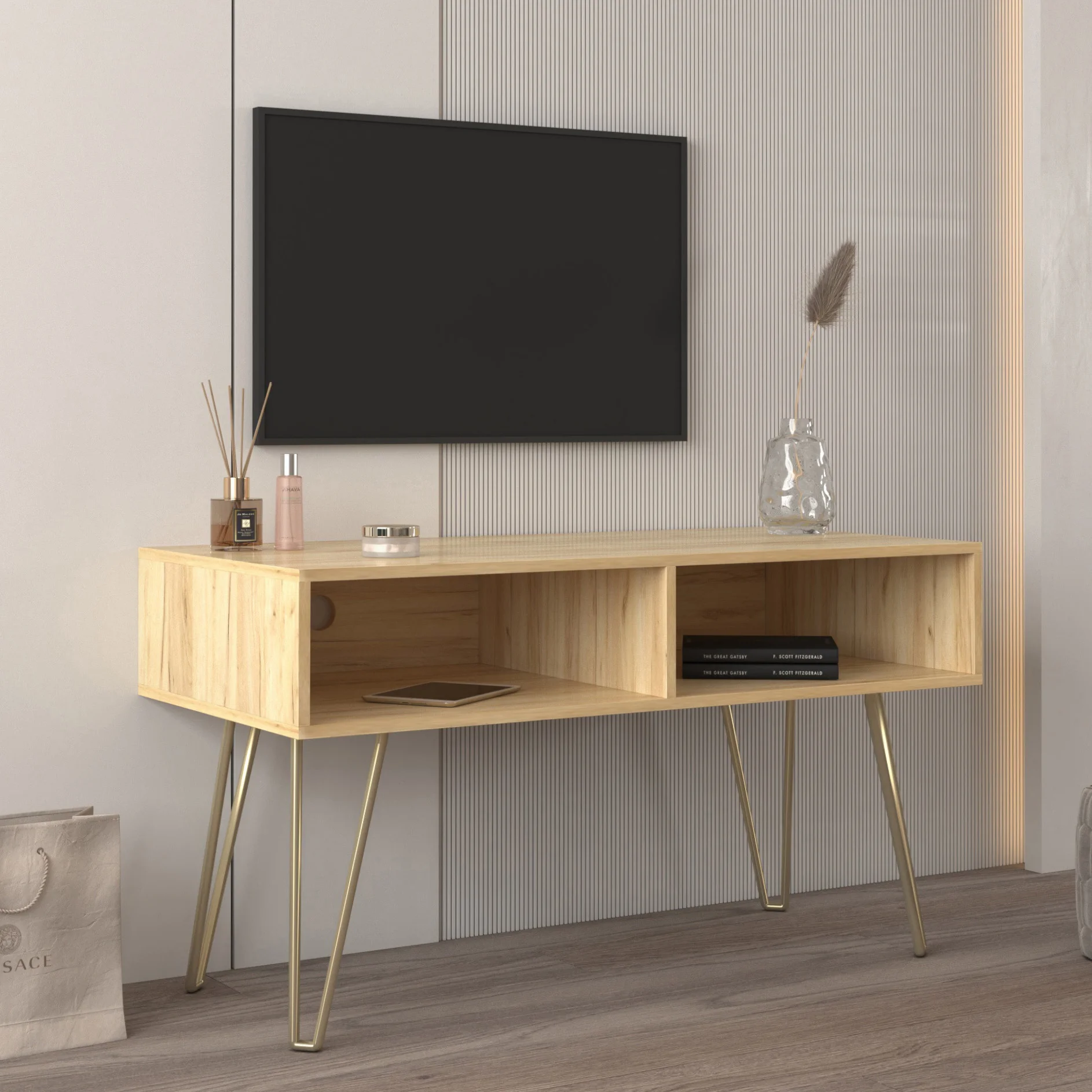 Modern Design TV Stand Fir Wood Stable Metal Legs with 2 Open Shelves to Put TV DVD Router Books and Small Ornaments Oak/Gray