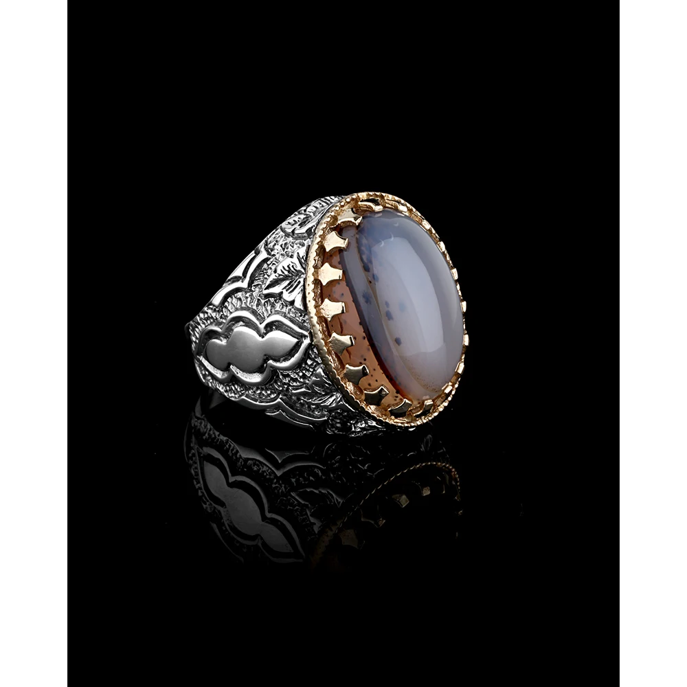 English Style 925 Sterling Silver Men's Ring with Agate Stone