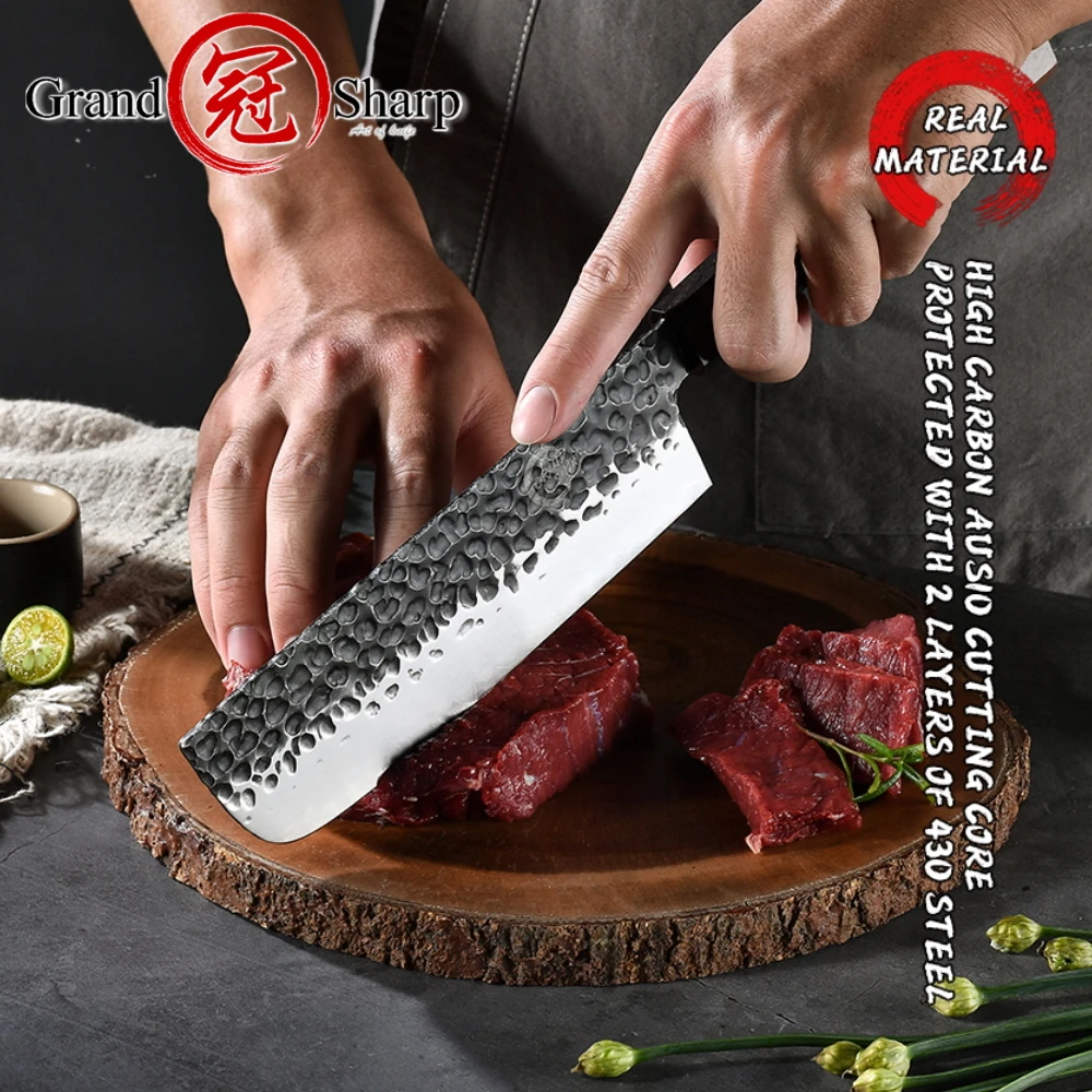 Grandsharp 6.7 Inch Nakiri Knife Hand Forged Kitchen Knives Japanese AUS10 3-Layer Steel Wood Handle Chef Knife Kuro-uchi Finish