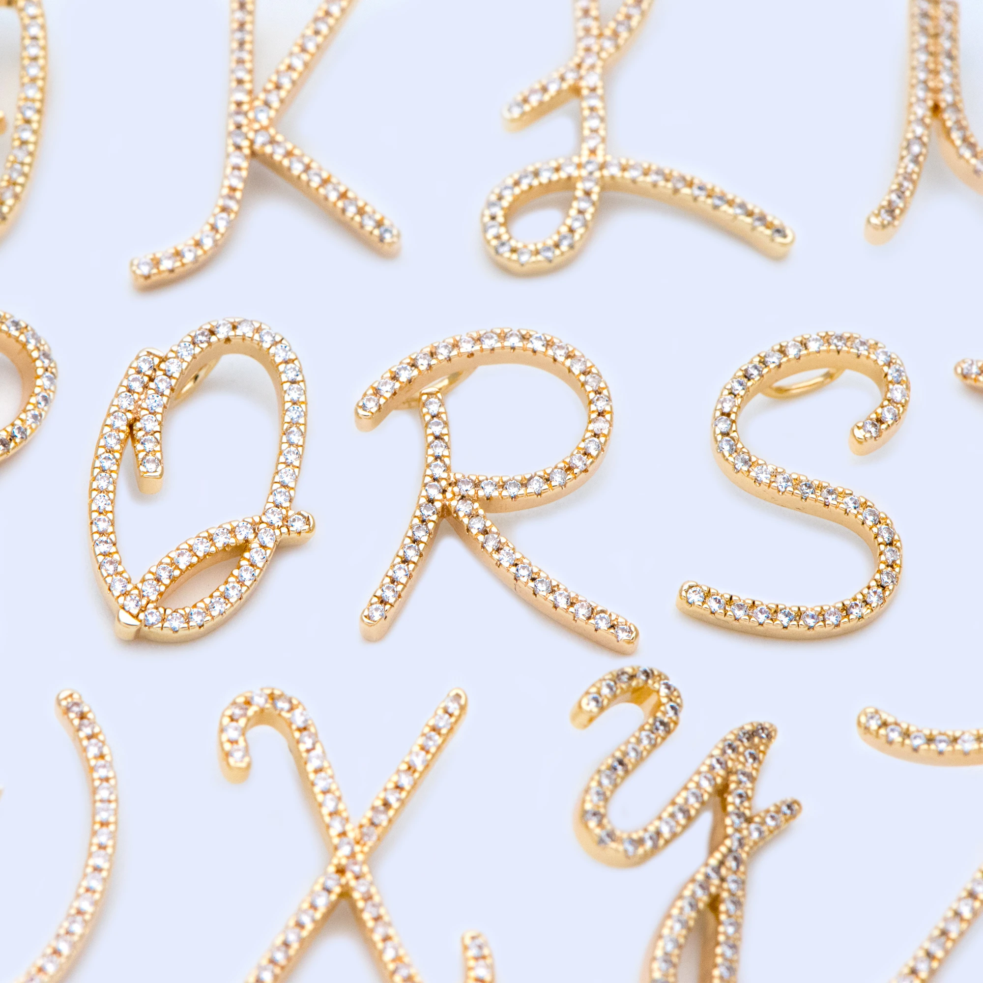 CZ Paved Gold Alphabet Pendants, 18K Gold Plated Brass, English Letter Charm, You Choose Letter (GB-1140)