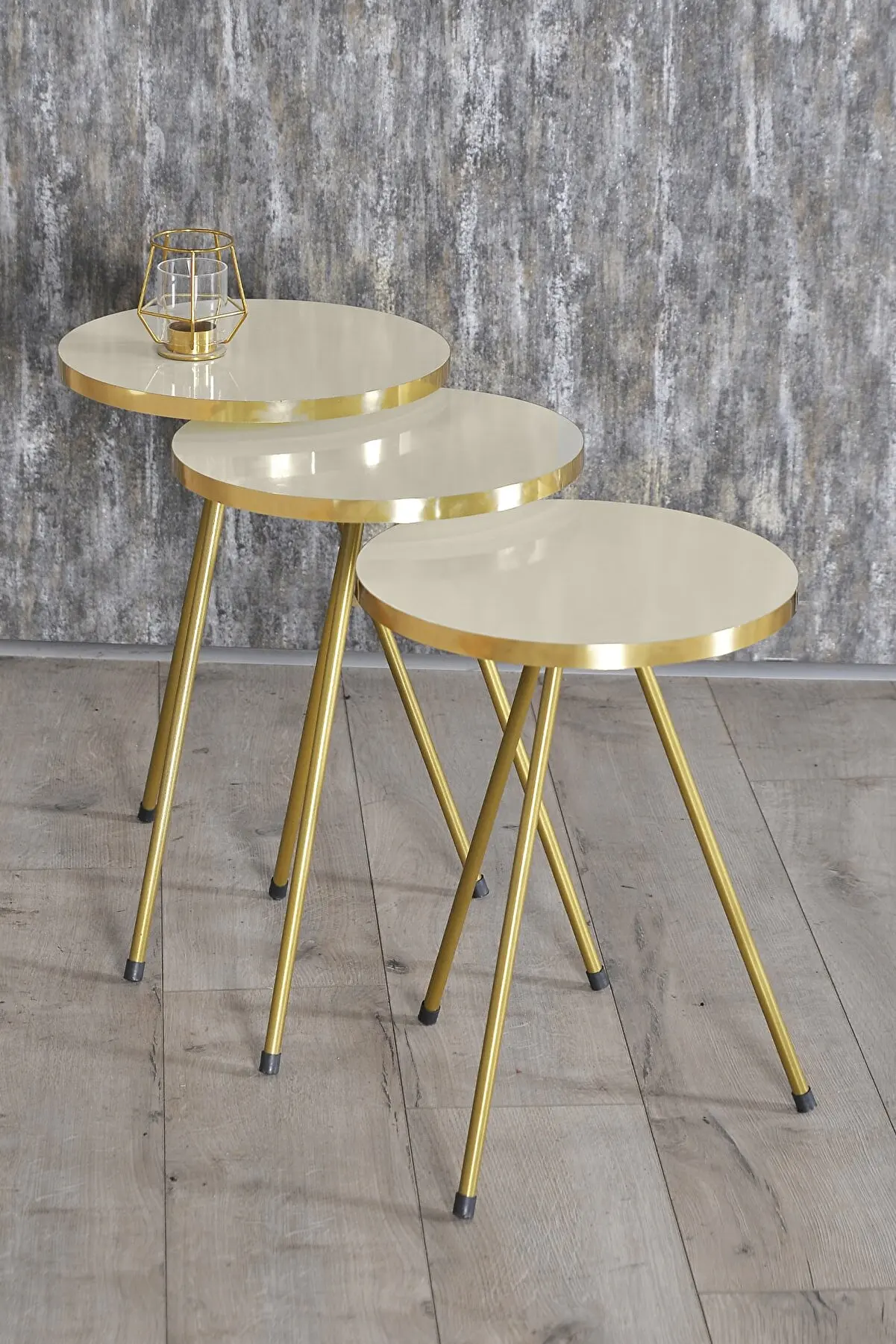 Golden Nesting Table 3-Set Gold Metal Leg Cream Gold Round Living Room Side Table Different Coffee Table Tea table