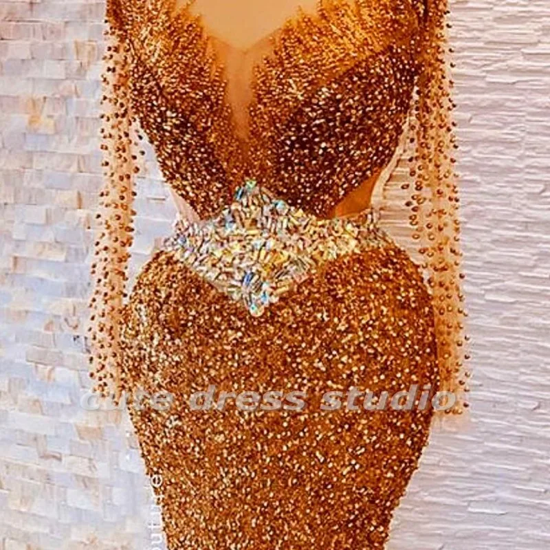 Amazing Crystal Gold Evening Dresses Long Sleeves Sequin Beading Mermaid Wedding Reception Dress For Women Prom Wear