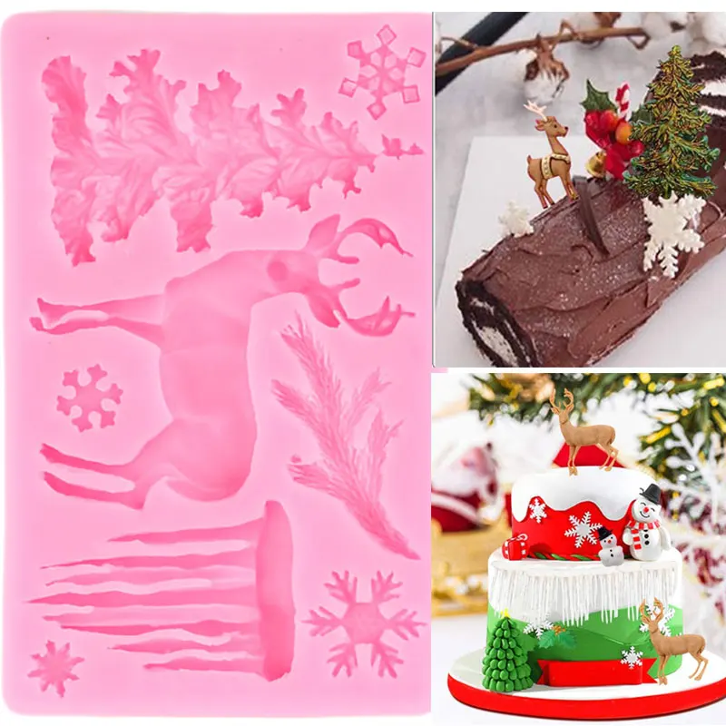 Christmas Tree Snowflake Deer Icicle Silicone Molds Cupcake Topper Fondant Cake Decorating Tools Candy Chocolate Gumpaste Moulds