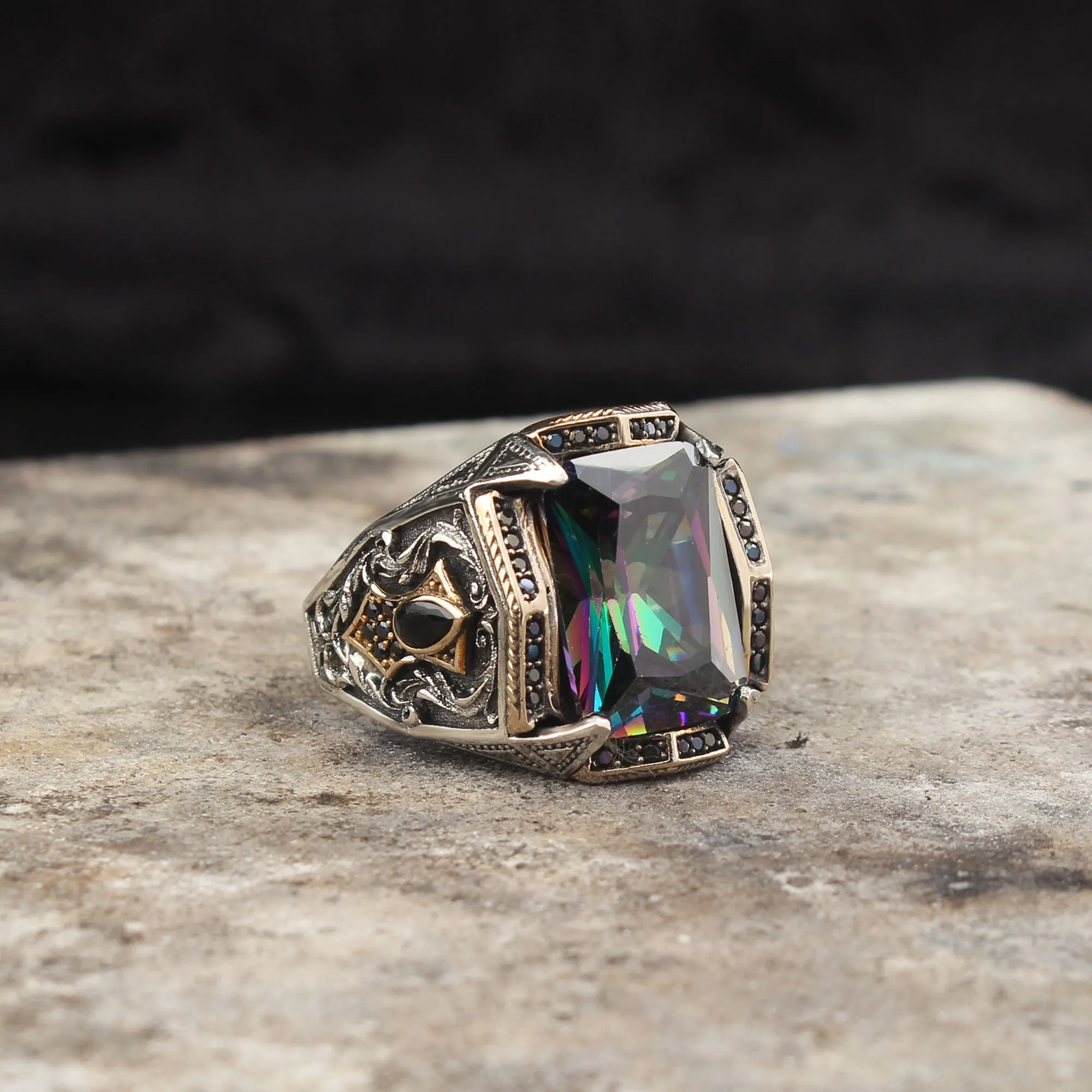 Mystic Topaz Gem Stone Men Silver Ring, 925 Sterling Silver Turkish Ring, Topaz Stone Ring For Men